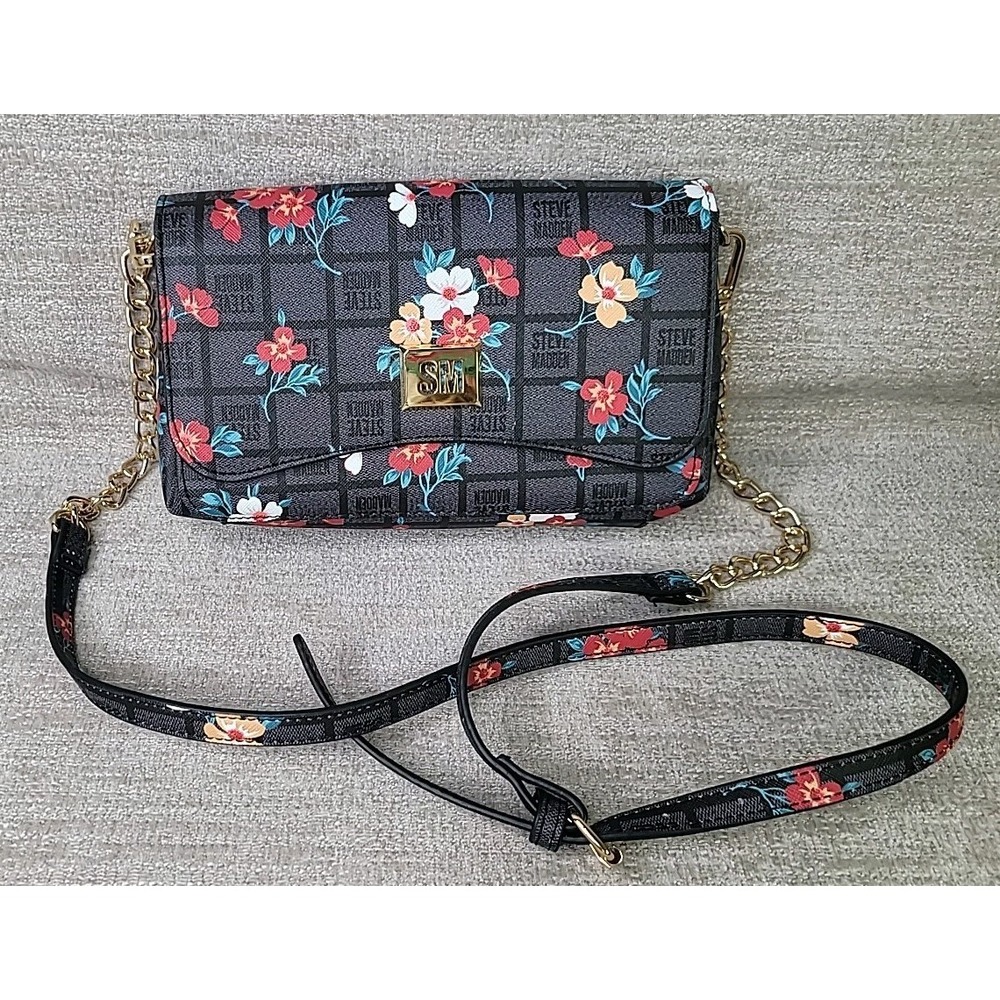 Steve Madden Btory Black and Floral Logo Bag Crossbody with Gold Chain EUC